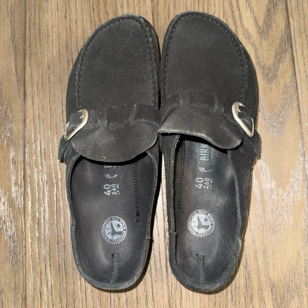 Birkenstock Black Suede Buckle Loafers